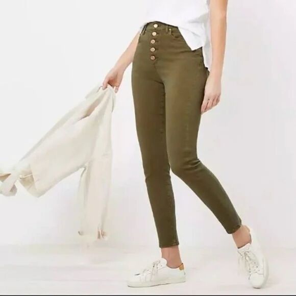 LOFT Ann Taylor High‎ -Rise Button Front Skinny Ankle Jean Olive Size 2 NWT - Picture 2 of 14